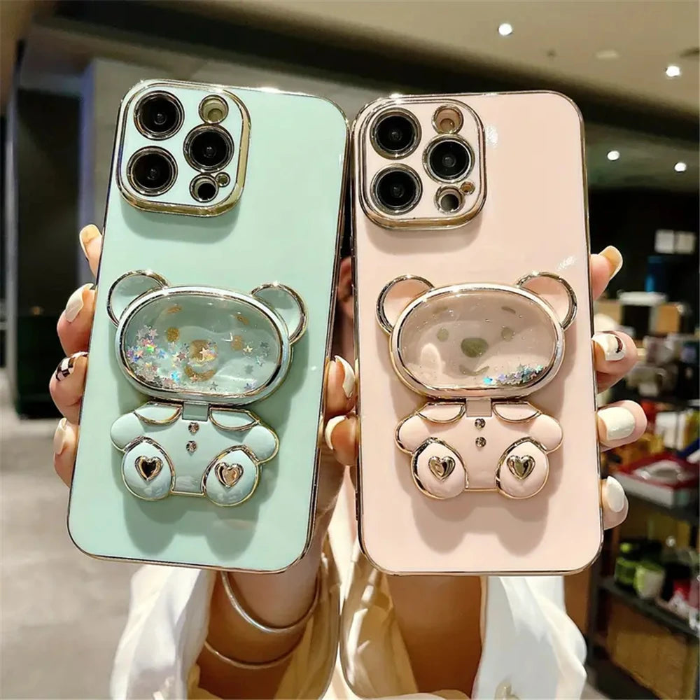 Cute Bear Mirror Folding Stand Holder Phone Case For iPhone