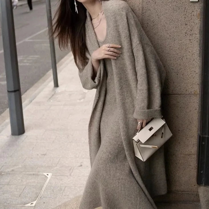 Thickened Comfortable Loose Long Sweater Jacket Knitted Dress Two Piece Set