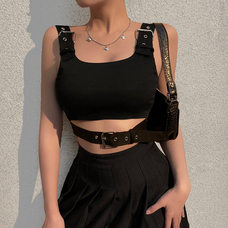 Black Hollow Out Buckle Cropped Tank