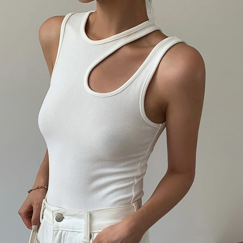 White Cut Out Round Neck Sleeveless Top