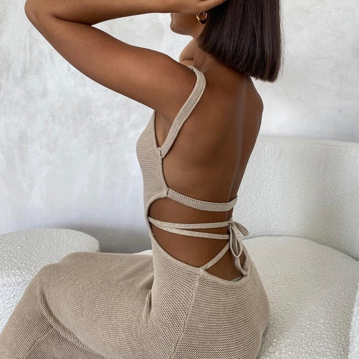 Elegant Fashion Straps  Backless Knit Maxi Dress